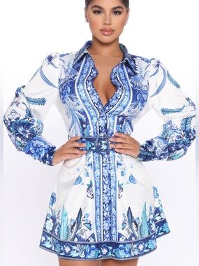 New Fashion Nova Blue & White Floral Shirt Dress with Belt